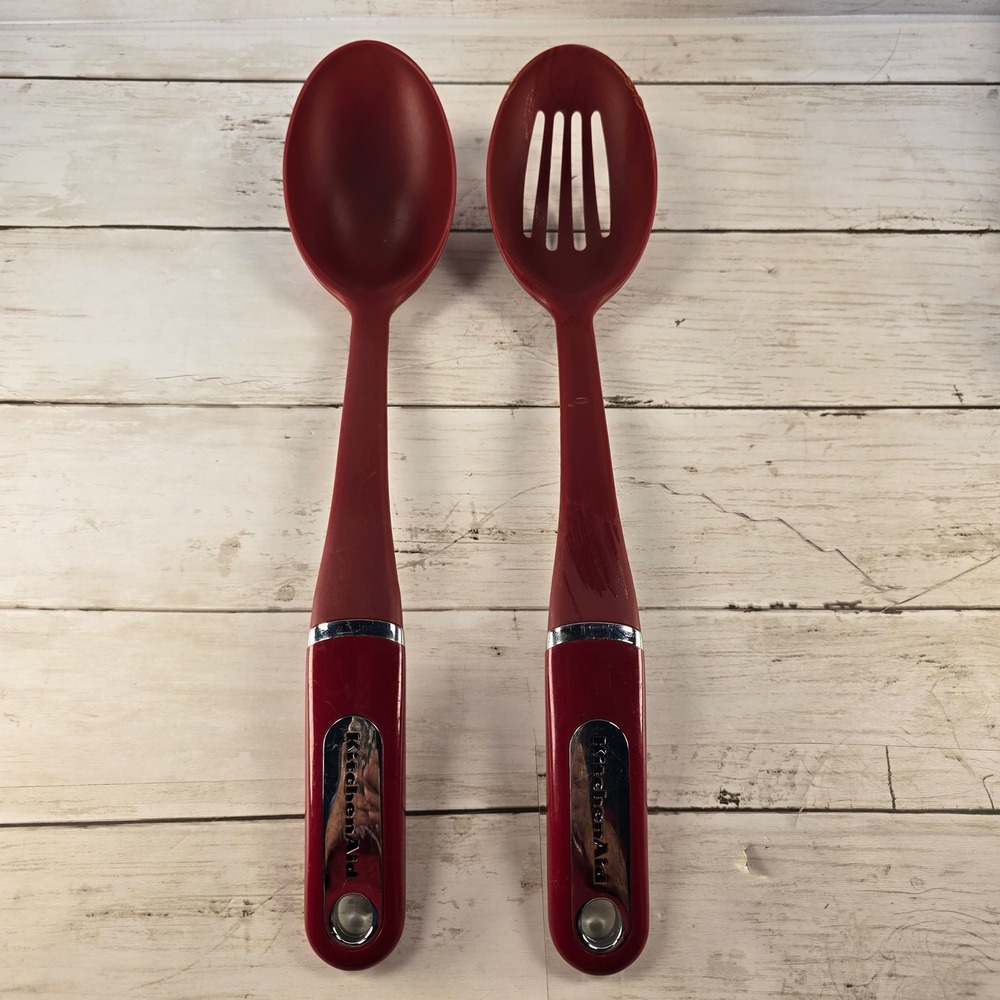 KitchenAid Red Nylon Serving Spoon Set Solid and Slotted Spoons 2 Piece